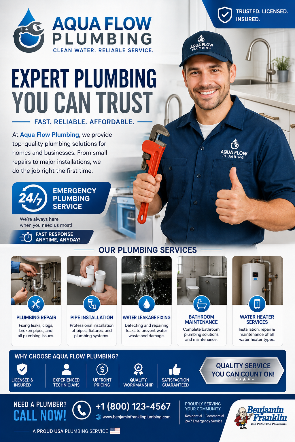 Plumbing services social media poster for a USA service campaign